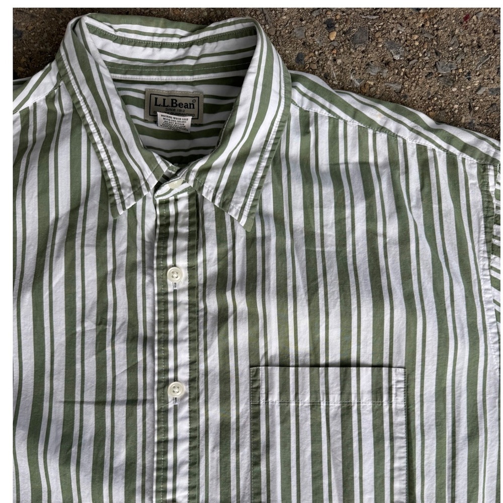 LL Bean Mens Large Tall Olive Green White Striped Cotton Button Down Shirt JGK3 - Picture 4 of 7